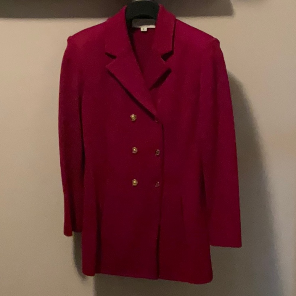 St. John By Marie Gray Maroon + Gold Knit Button Down Jacket